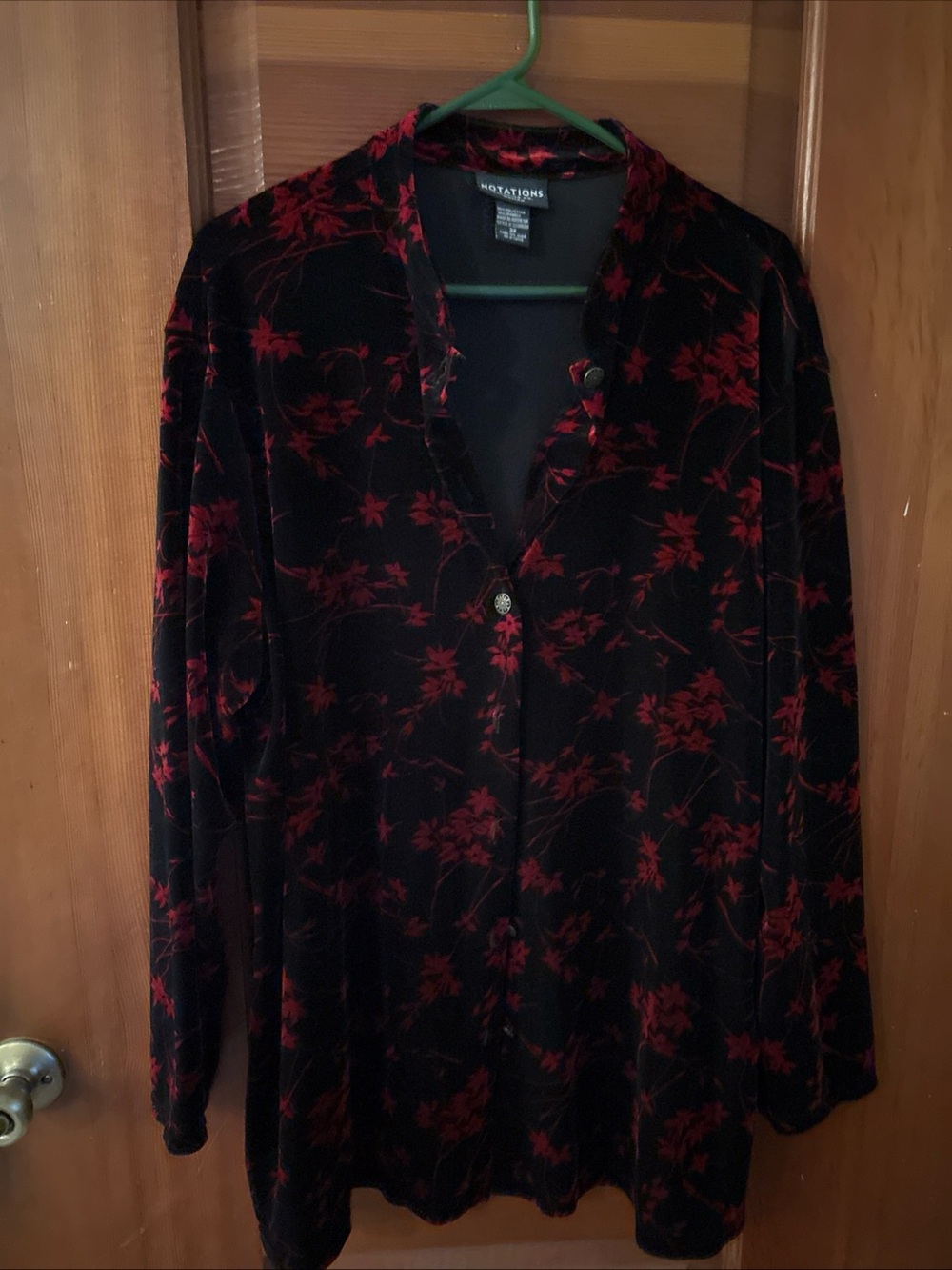 Notations Black Velvet Button-Down Shirt with Red Floral Print